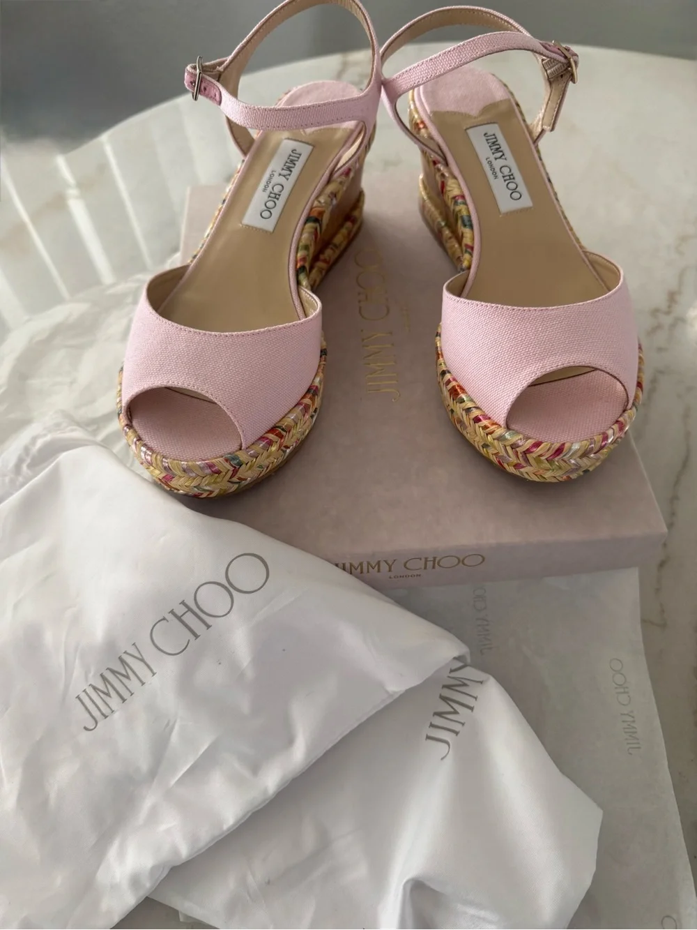 Jimmy Choo Perla 70 Pale Pink Espadrille Wedge Sandals